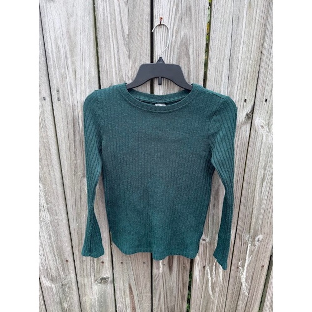 Dark Academia Worthington Ribbed Knit Top M Green Button Cuff Long Sleeve Basic